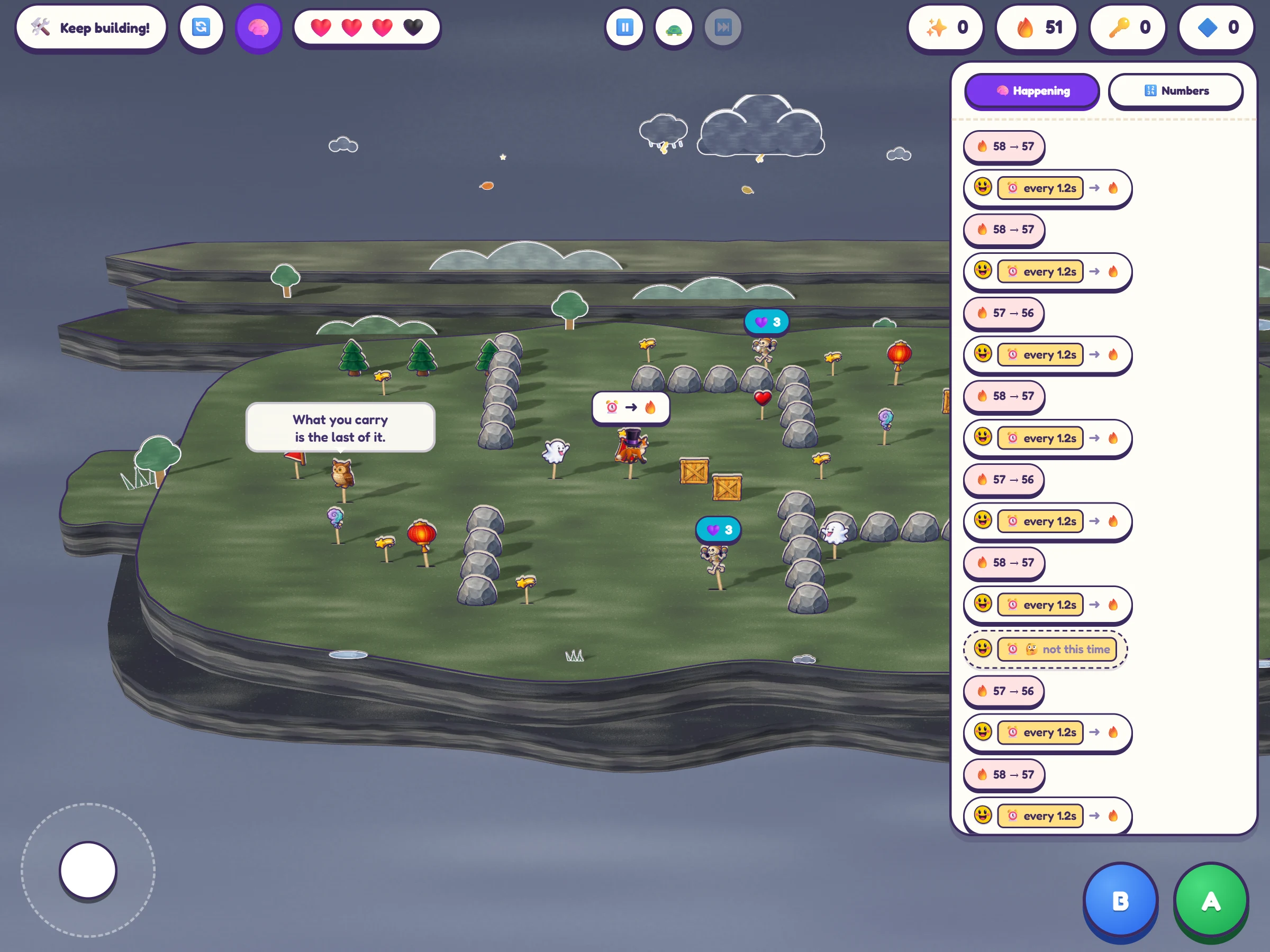 The Brain view: a SceneBeans game running beside a panel of WHEN → DO rule cards lighting up as they fire