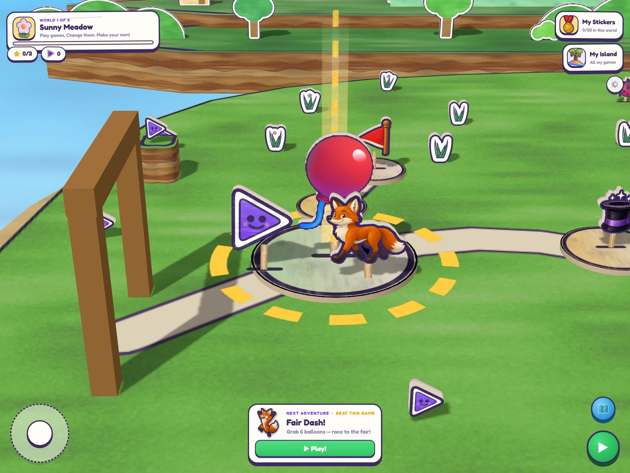 The Adventure Trail: a papercraft overworld with a walking hero sticker, a winding road of games and missions, and a star door